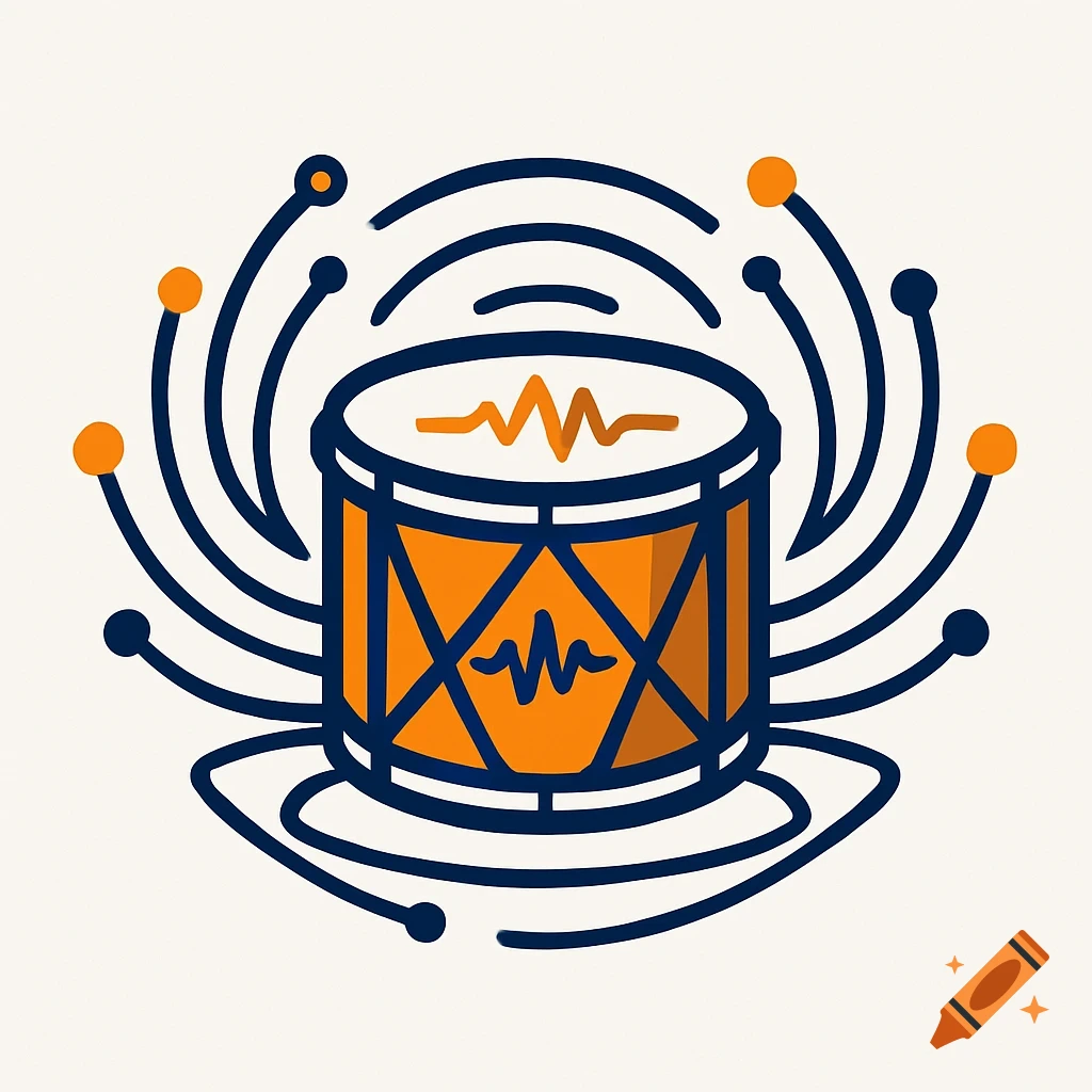 A stylized orange and dark blue logo featuring a drum with sound waves and abstract communication lines.