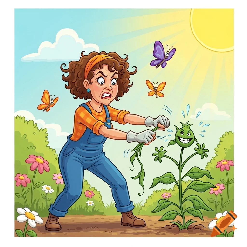A cartoon woman with curly brown hair and overalls furiously pulls a grinning weed in a colorful garden with butterflies under a bright sun.