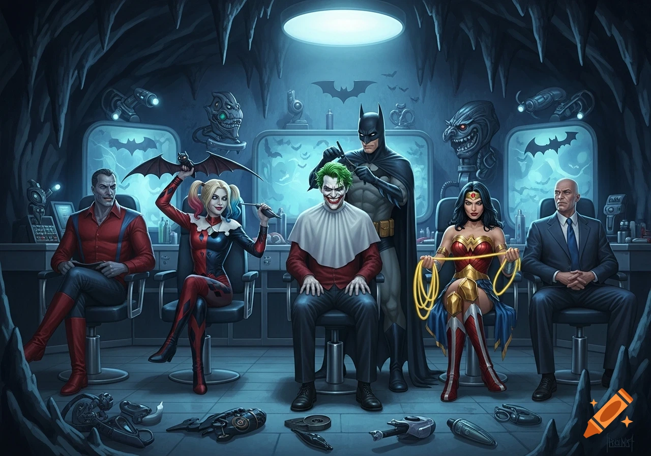 Batman cuts Joker's hair in the Batcave, as Harley Quinn, Wonder Woman, and Lex Luthor wait in a comic art style.