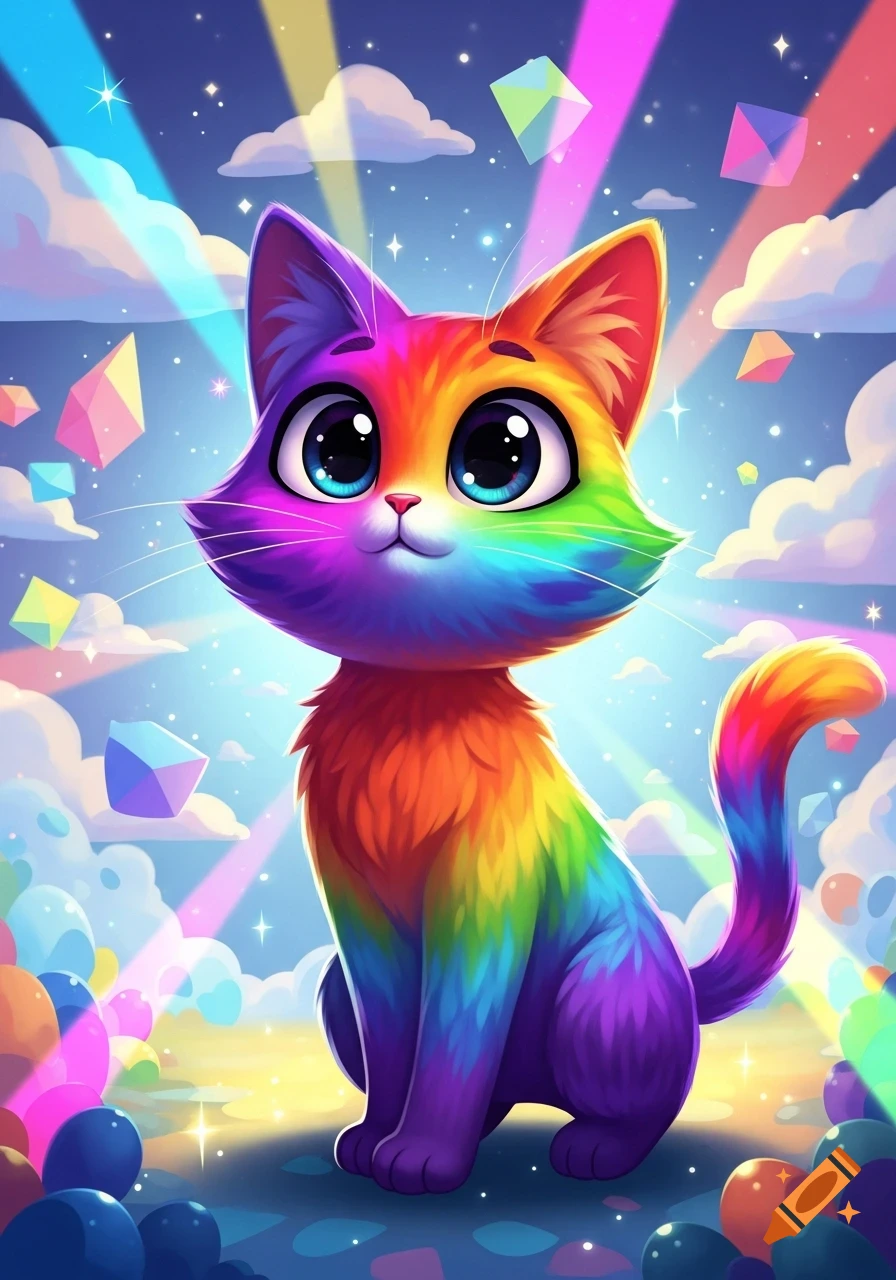 A cute, rainbow-colored cartoon cat with big blue eyes sits under a sky filled with clouds, stars, colorful light rays, and geometric shapes.