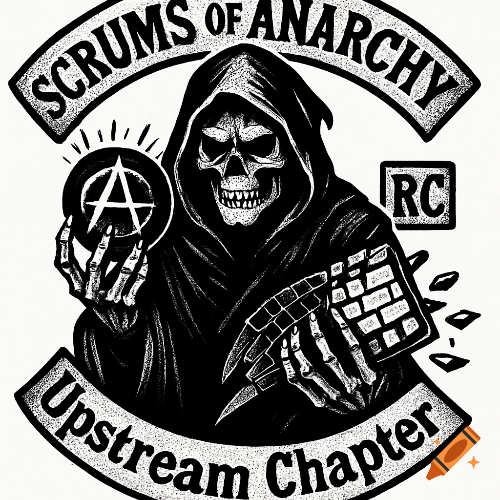 A black and white tattoo-style logo of a grim reaper skull holding an anarchy symbol and a broken keyboard, with text "SCRUMS OF ANARCHY Upstream Chapter" and "RC".