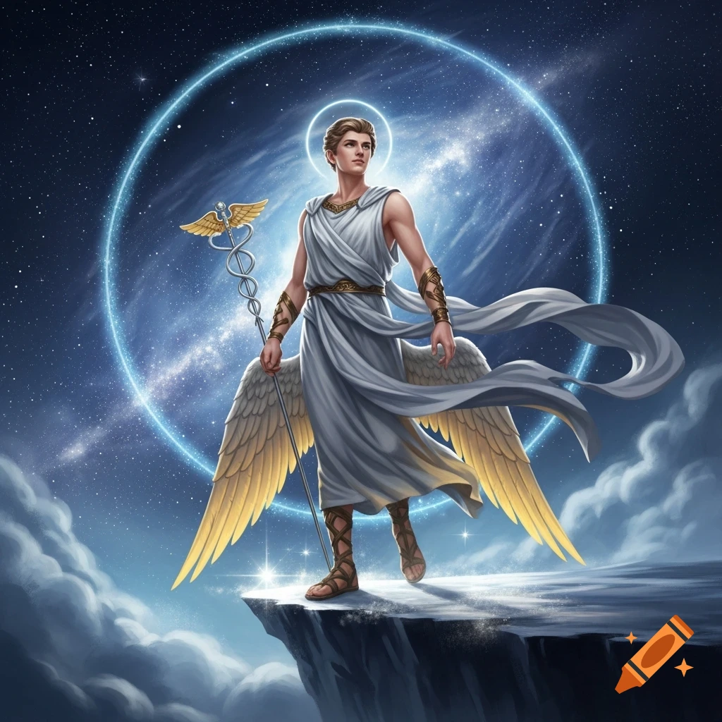 A winged, angelic figure in a white toga holds a caduceus, standing on a cliff against a starry night sky with a blue ring.