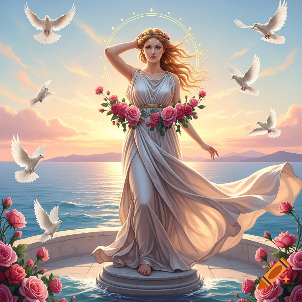 A goddess-like woman in a flowing white gown stands on a pedestal by the sea at sunset, surrounded by flying doves and pink roses.