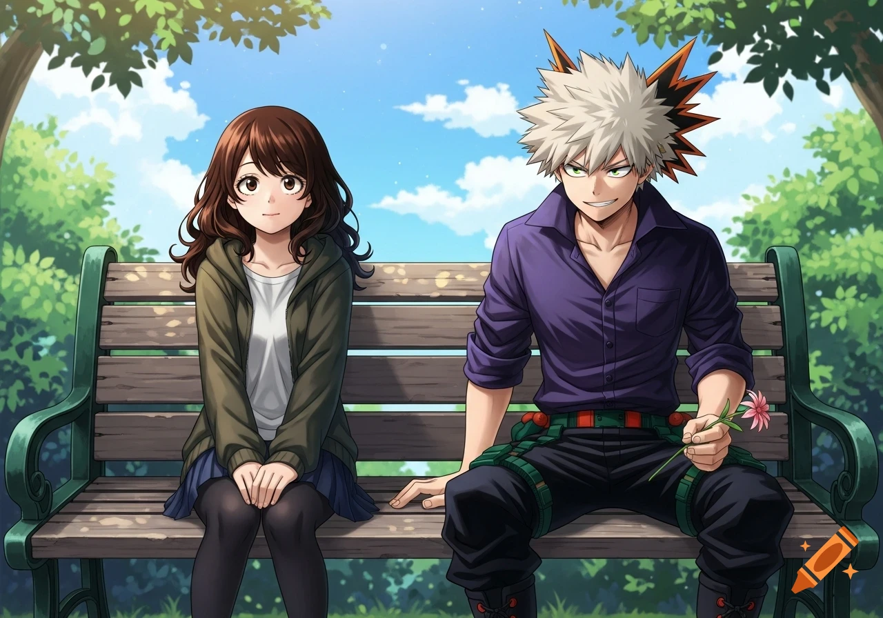 An anime girl with curly brown hair and Bakugo from My Hero Academia sit on a park bench. Bakugo holds a pink flower.