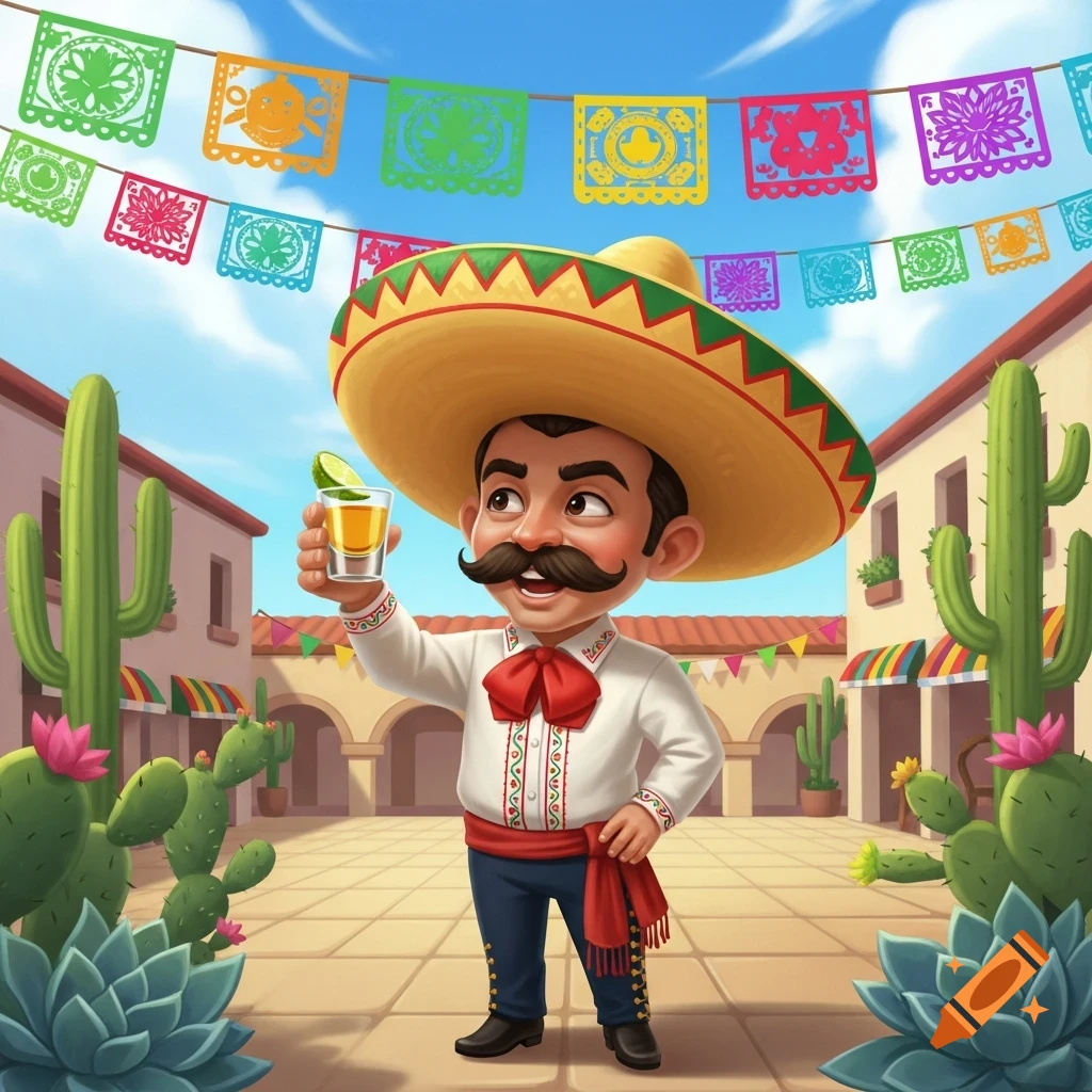 A cartoon man in a large sombrero and traditional Mexican attire holds up a shot glass with lime in a sunny plaza.