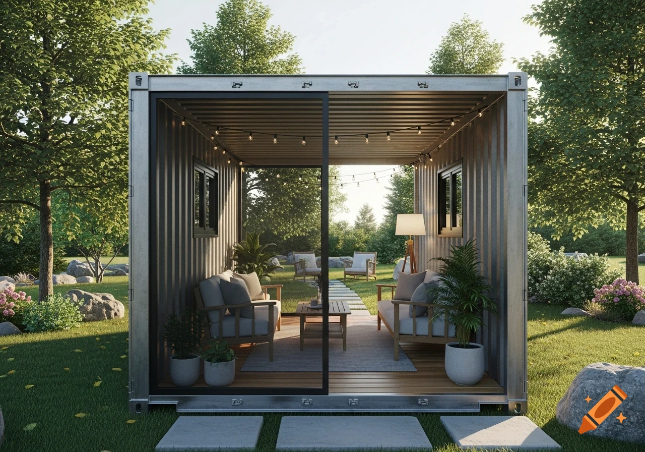 Photorealistic shipping container home with an open porch, furnished with seating, surrounded by a grassy yard and trees.