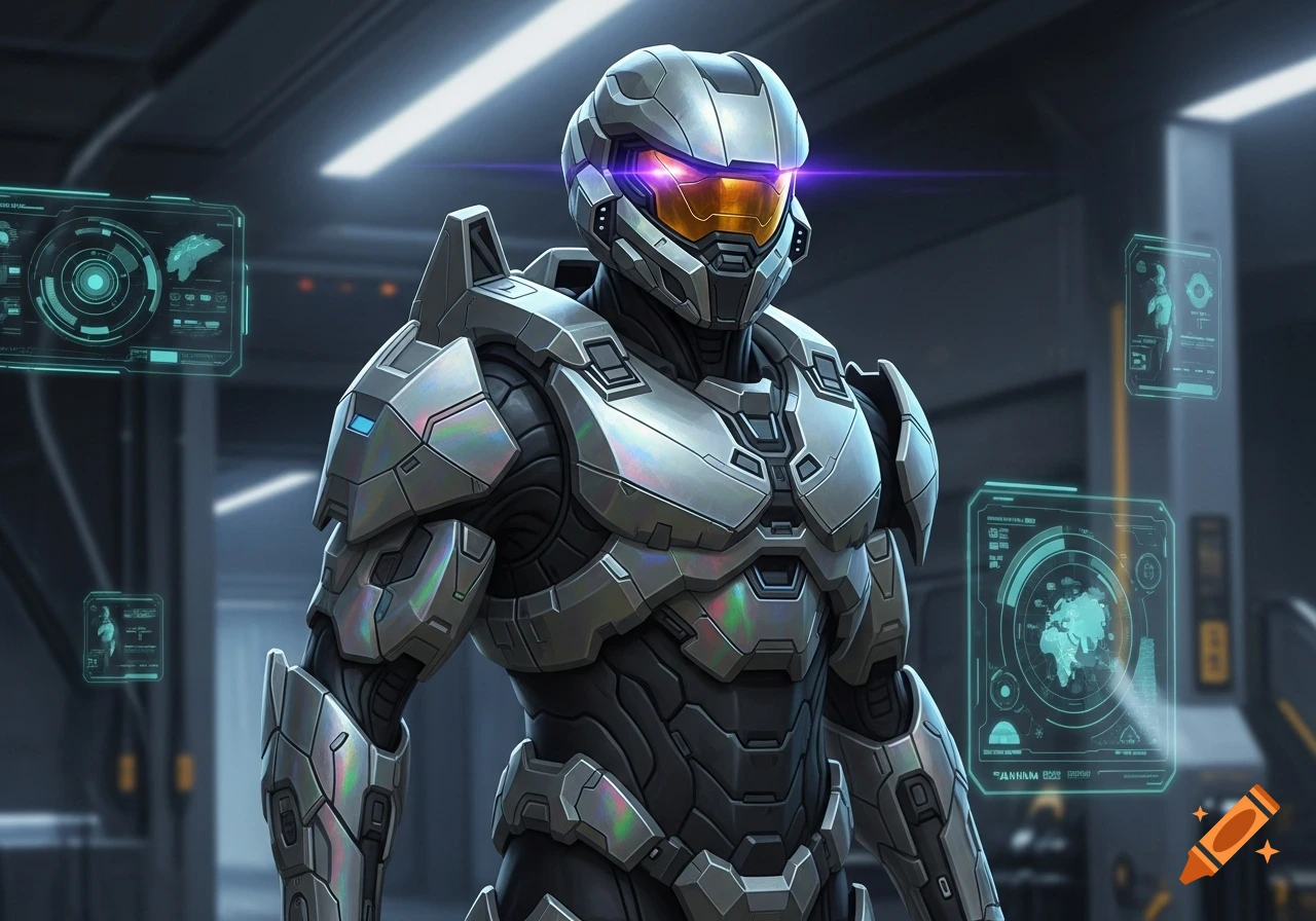 A futuristic silver and black armored suit, resembling Master Chief, stands in a dark high-tech environment with glowing blue holographic displays.