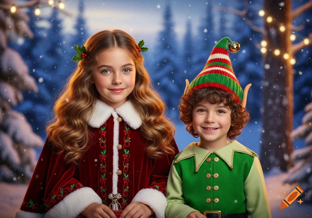 Photorealistic image of a girl in a red Santa costume and a boy in a green elf costume, smiling in a snowy winter scene.