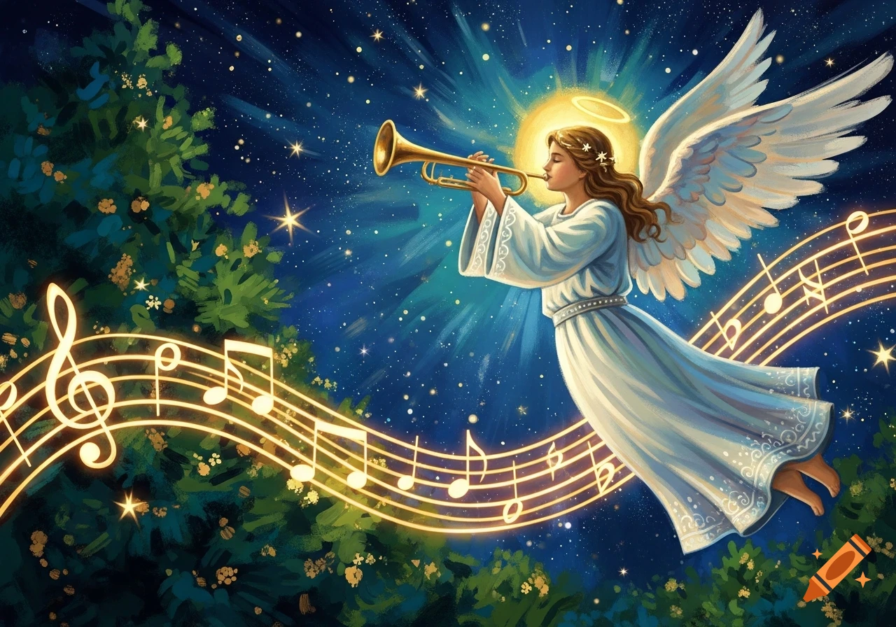 An impressionistic image of a winged angel with a halo playing a trumpet, surrounded by glowing musical notes and fir trees under a starry night sky.