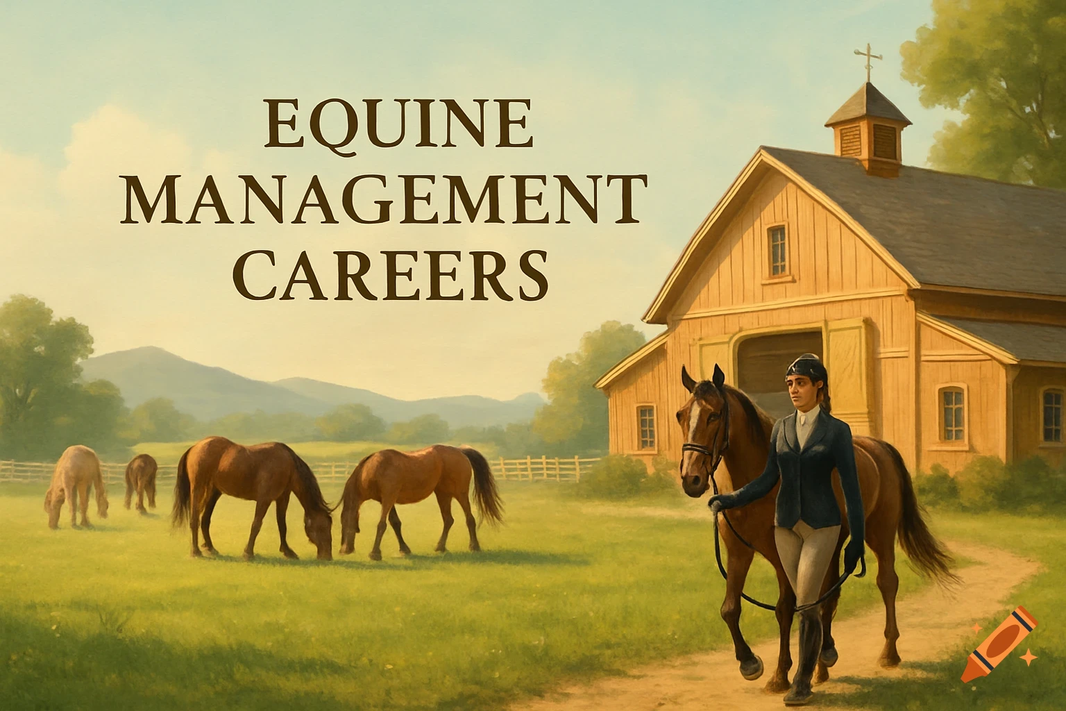 A stylized painting depicts a woman in equestrian attire leading a brown horse past a wooden barn, with other horses grazing in a green field and mountains in the background. Large text reads "EQUINE MANAGEMENT CAREERS".
