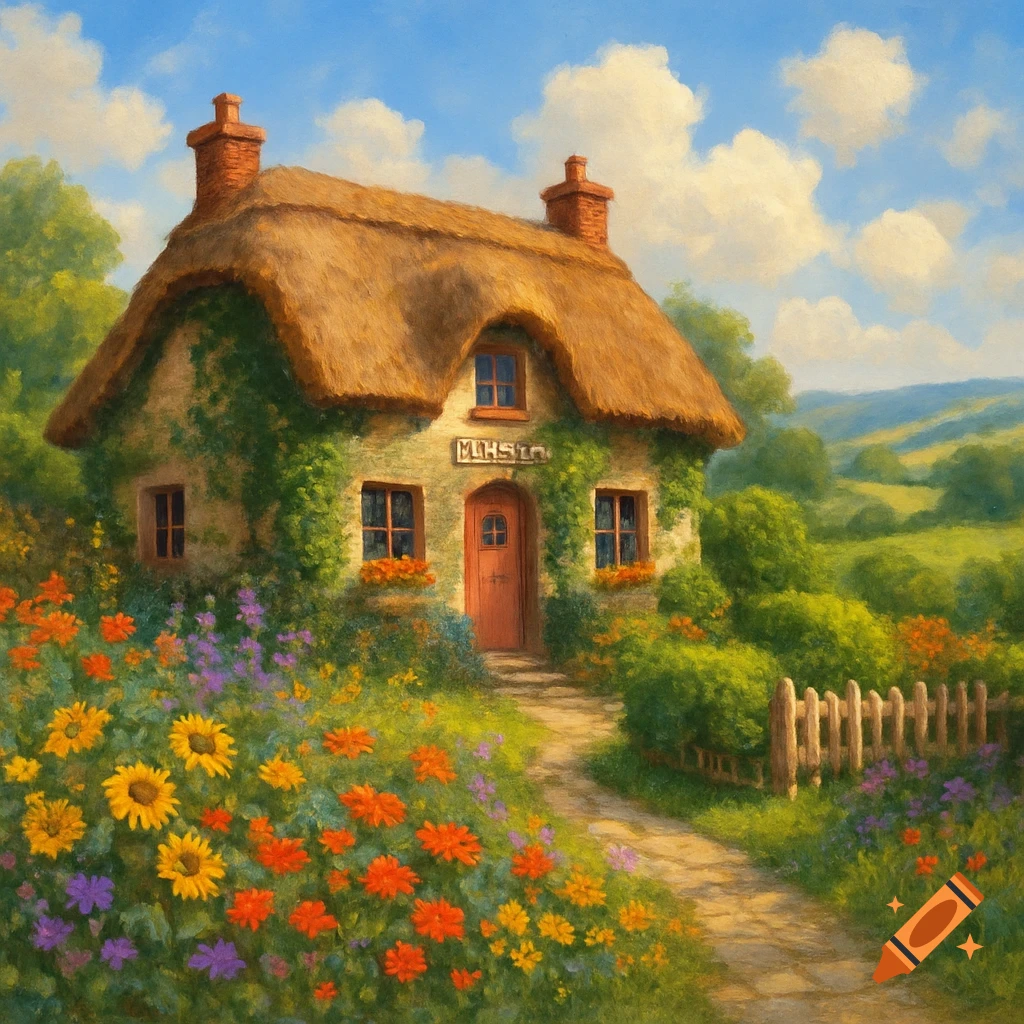 A quaint, ivy-covered cottage with a thatched roof, surrounded by a vibrant flower garden, under a blue sky in a painterly style.
