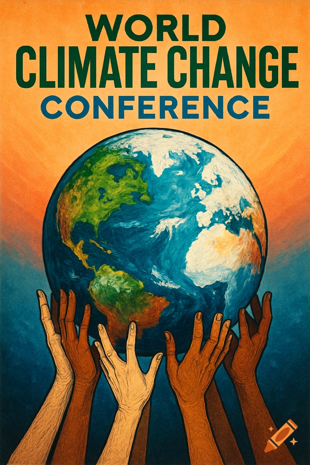 A vintage-style poster for the "WORLD CLIMATE CHANGE CONFERENCE" with diverse hands holding up the Earth against an orange sky.