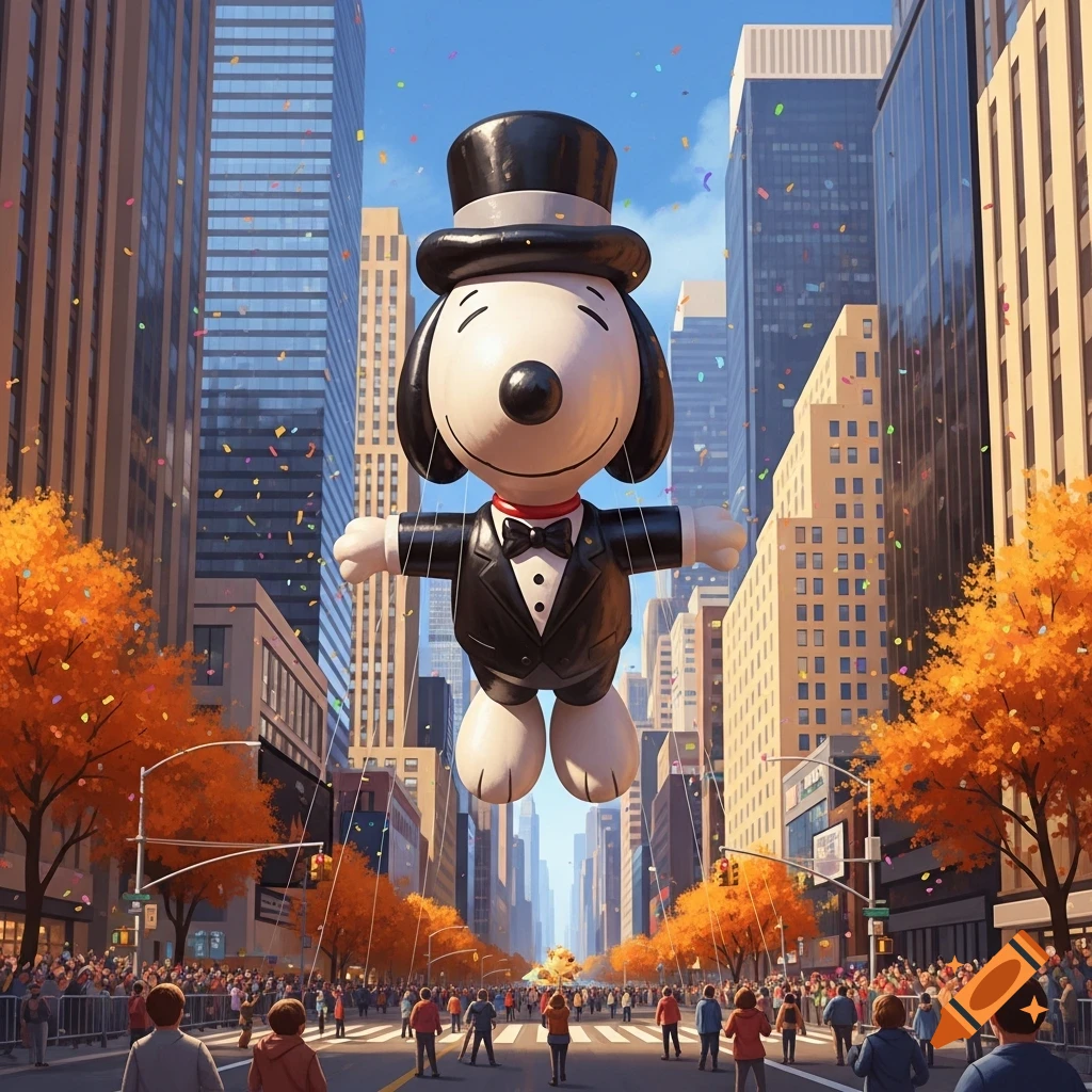 A large Snoopy balloon in a tuxedo and top hat floats above a city street during a parade, with autumn trees and crowds.