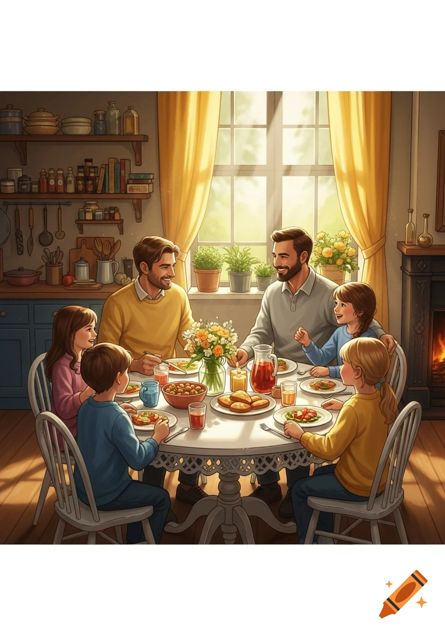 An illustration of a family of five, including two men and three children, eating dinner around a round table in a warm, sunlit kitchen.
