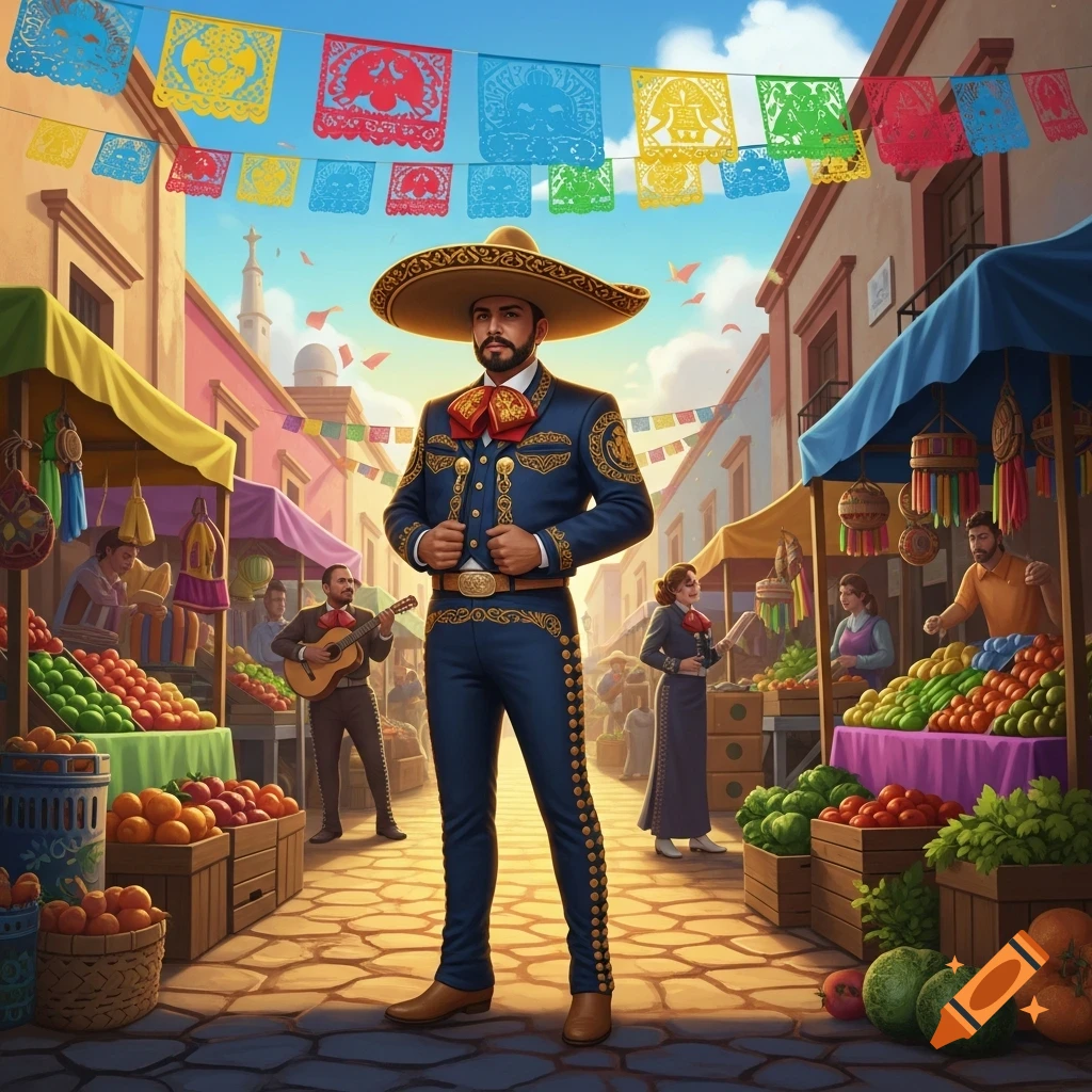 A man in a blue charro suit and sombrero stands confidently in a vibrant Mexican marketplace with fruit stalls and colorful banners.