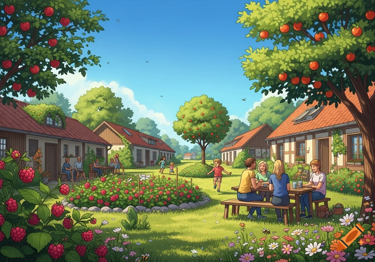 Digital illustration of a solarpunk rural community with people sitting at tables and children playing in a sunny garden with raspberries, wildflowers, and fruit trees.