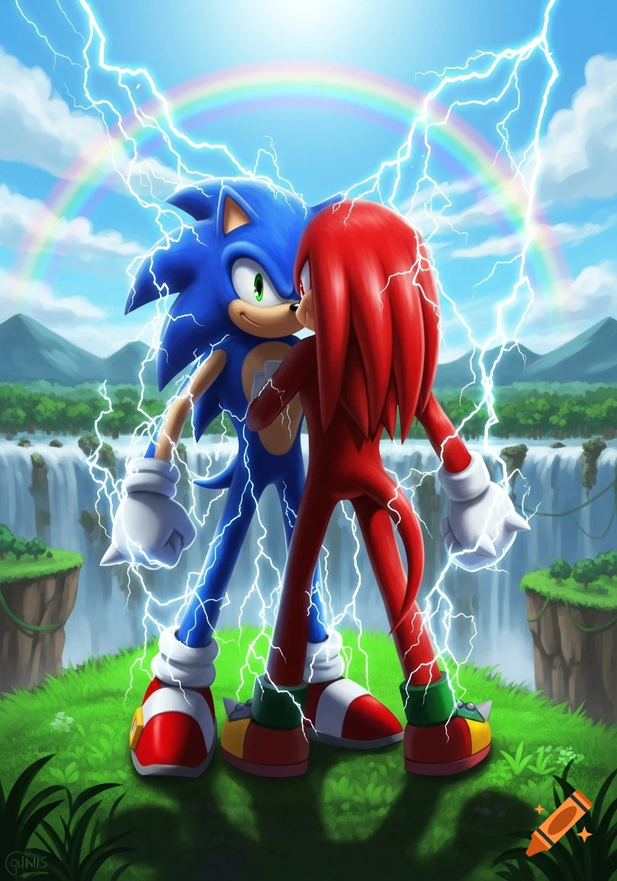 A vibrant illustration of Sonic the Hedgehog and Knuckles the Echidna embracing under a rainbow and lightning in a lush landscape.