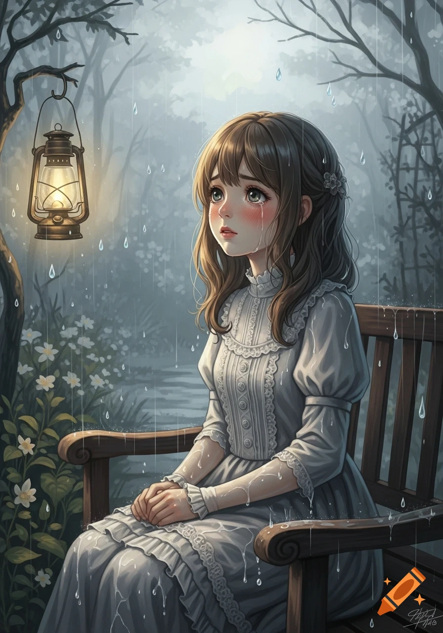 An anime girl in a white dress sits on a bench in a rainy forest, crying under a hanging lantern.