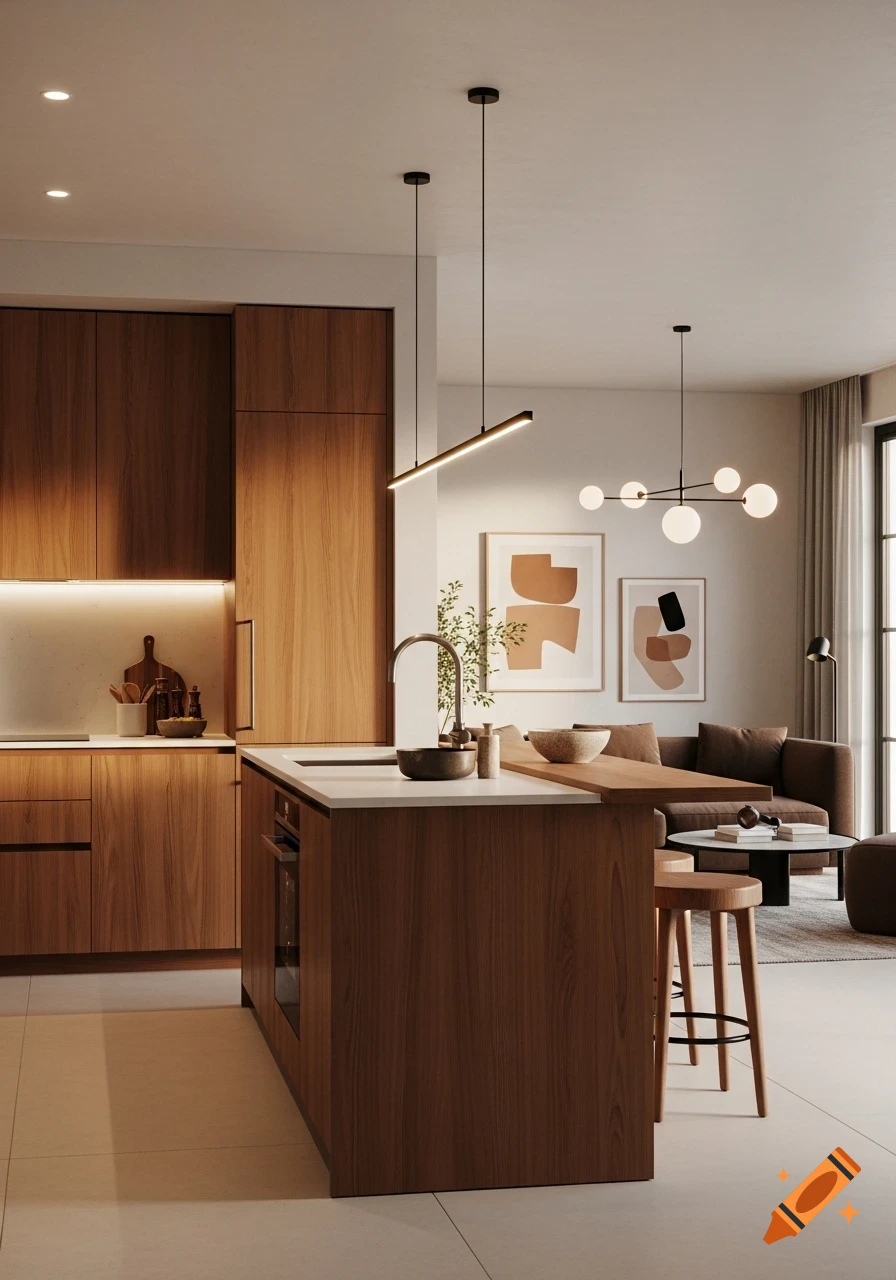 A modern open-concept kitchen with hazelnut wood cabinets and white countertops, transitioning into a living room with a chocolate brown sofa.