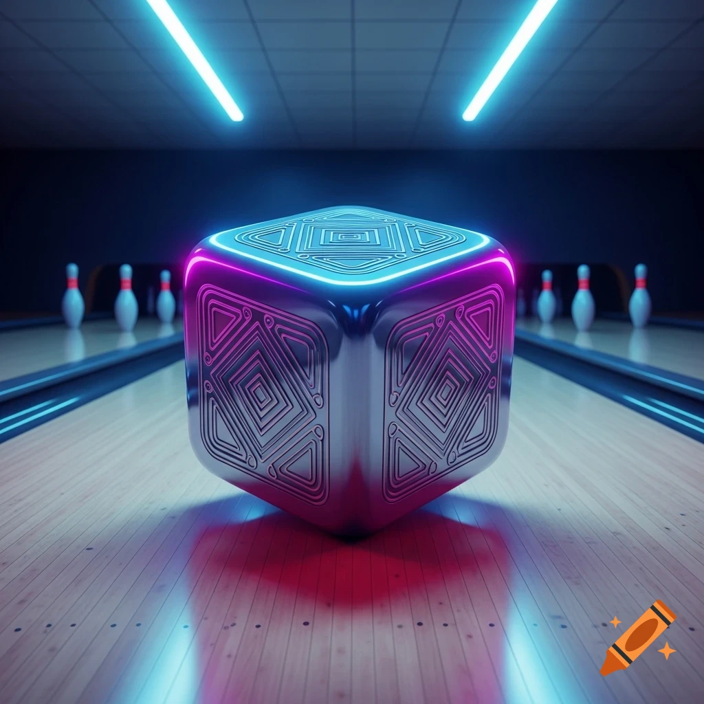 A futuristic metallic cube with pink and blue neon lights on a bowling lane, with pins in the background.