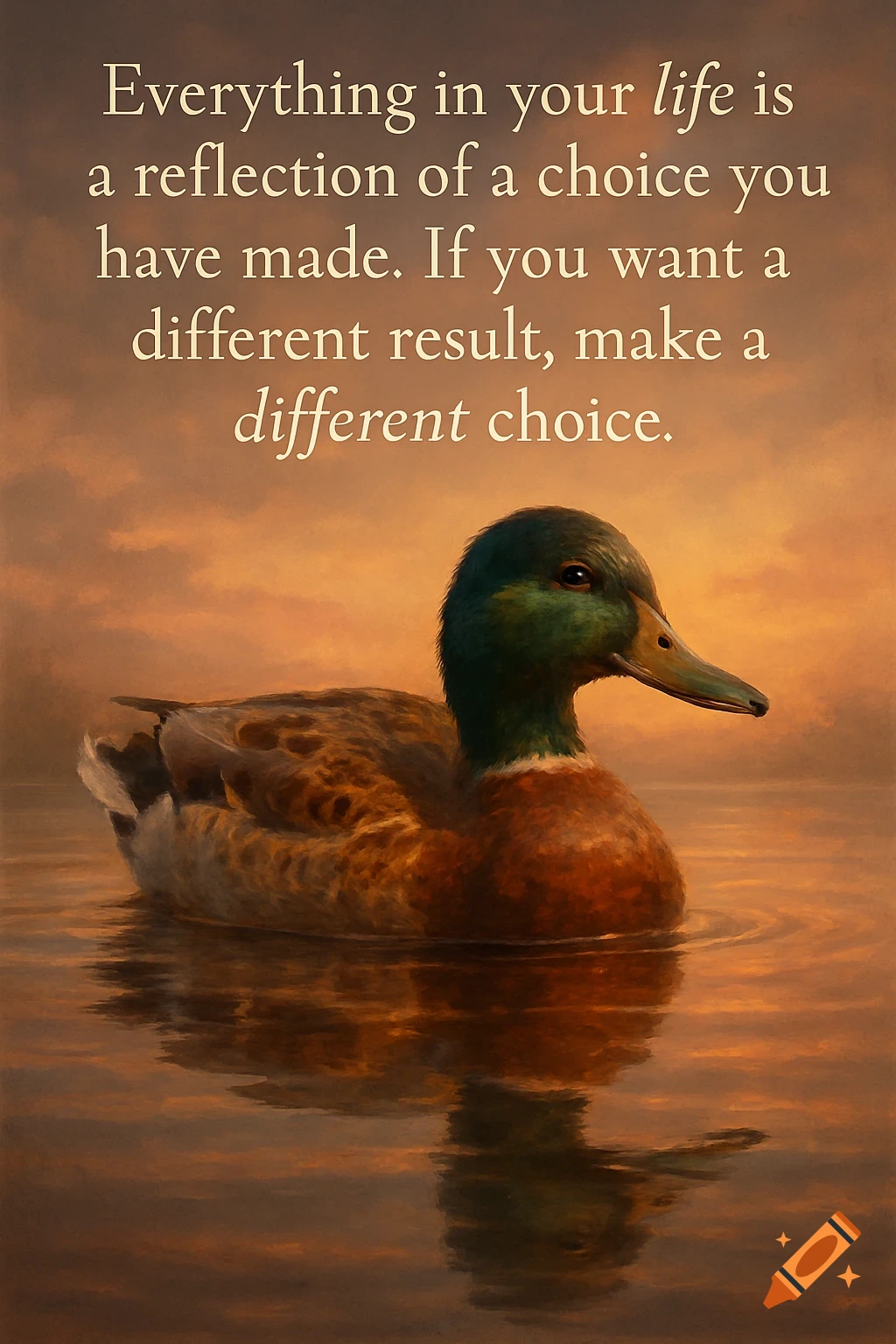 A mallard duck floats on calm water, reflecting the warm golden hour sky, with a motivational quote overlaid.