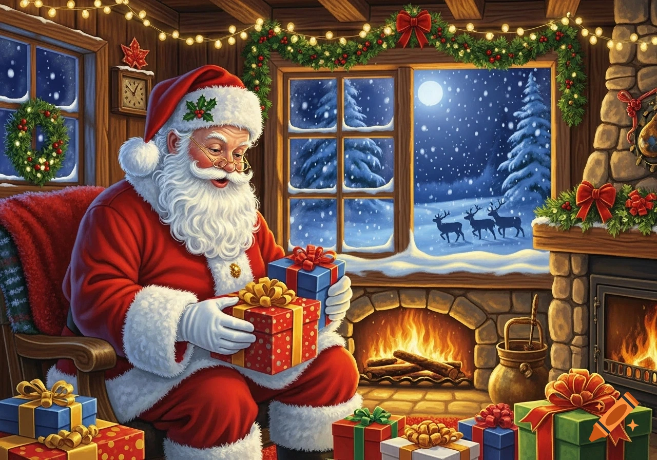 Santa Claus sits by a fireplace, holding gifts in a cozy, snow-covered room with a window view of reindeer.