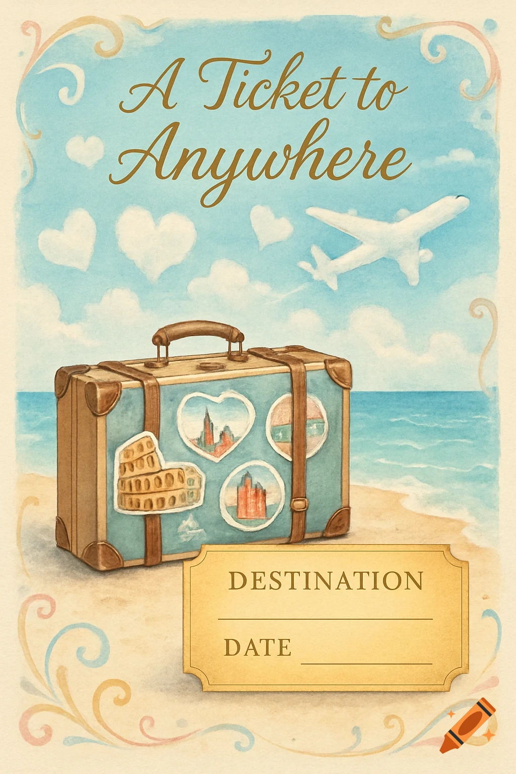Watercolor illustration of a romantic travel voucher with a suitcase on a beach, an airplane, and heart-shaped clouds.