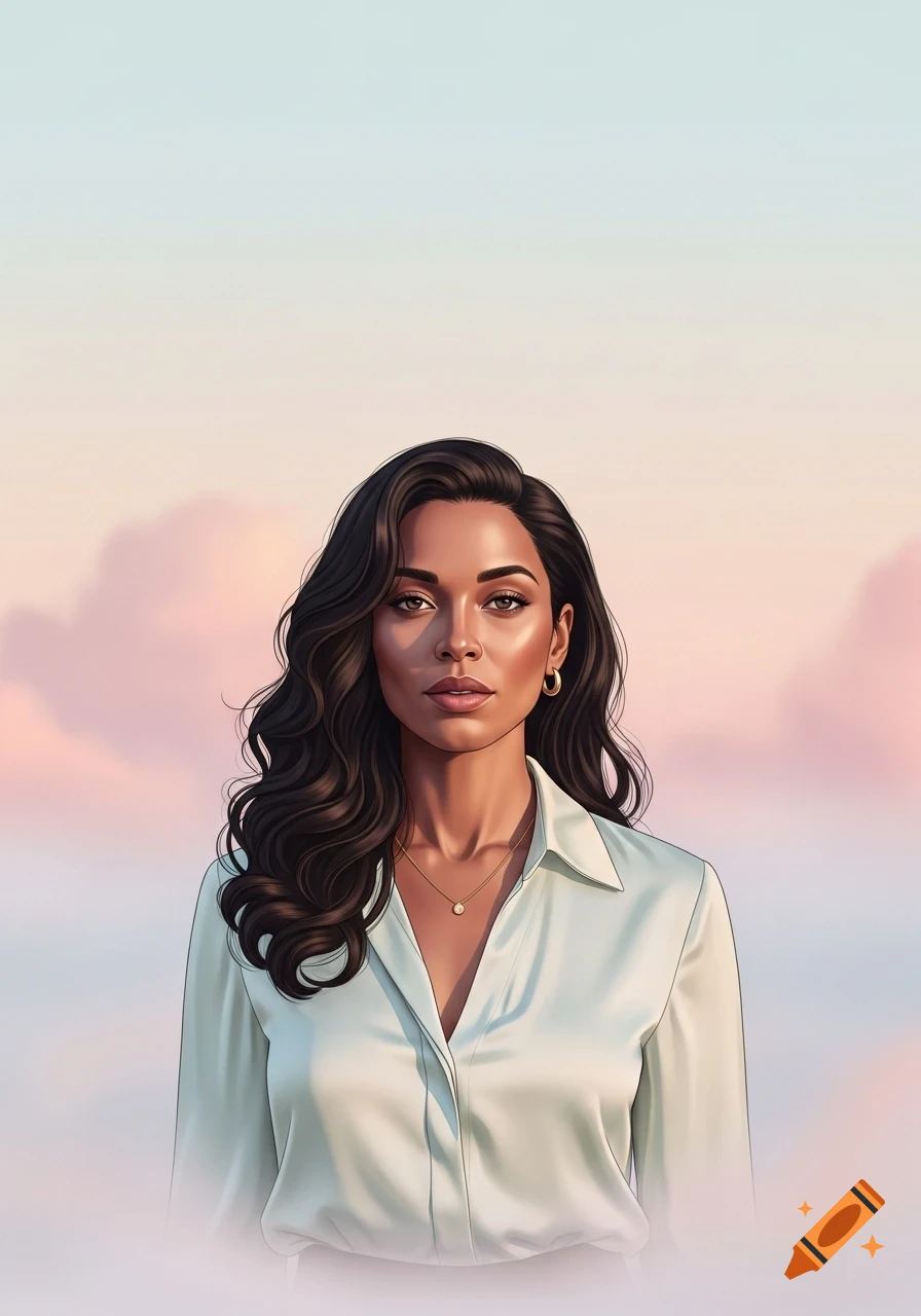 Stylized portrait of a woman with long dark wavy hair, wearing a white collared shirt and gold necklace against a pastel sky.