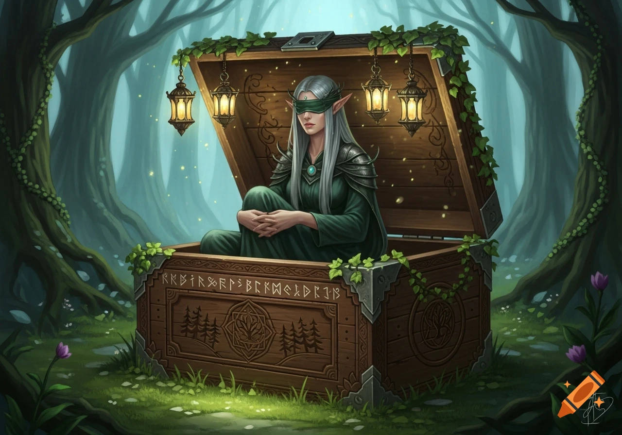 A blindfolded elf with long white hair sits cross-legged inside an open wooden chest adorned with runes, in a magical forest.
