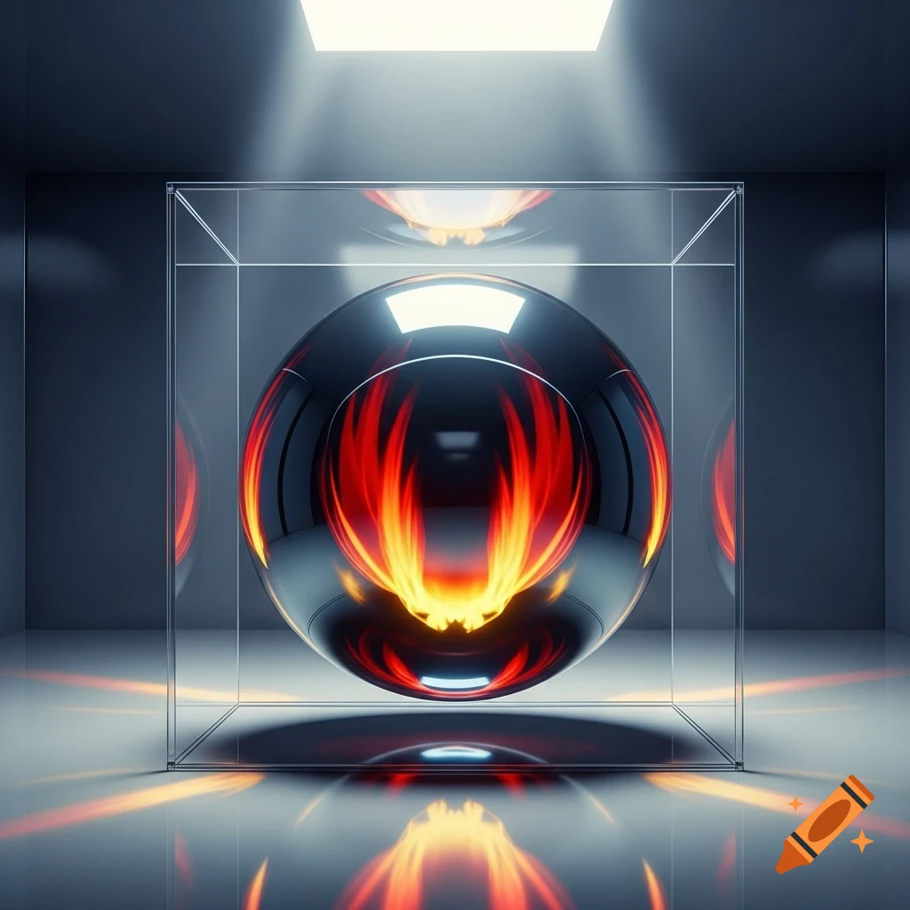 A metallic sphere with fiery reflections inside a glass cube in a minimalist, illuminated room.
