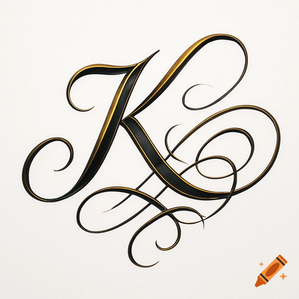 Elegant black and gold calligraphic letter K with elaborate flourishes on a white background.
