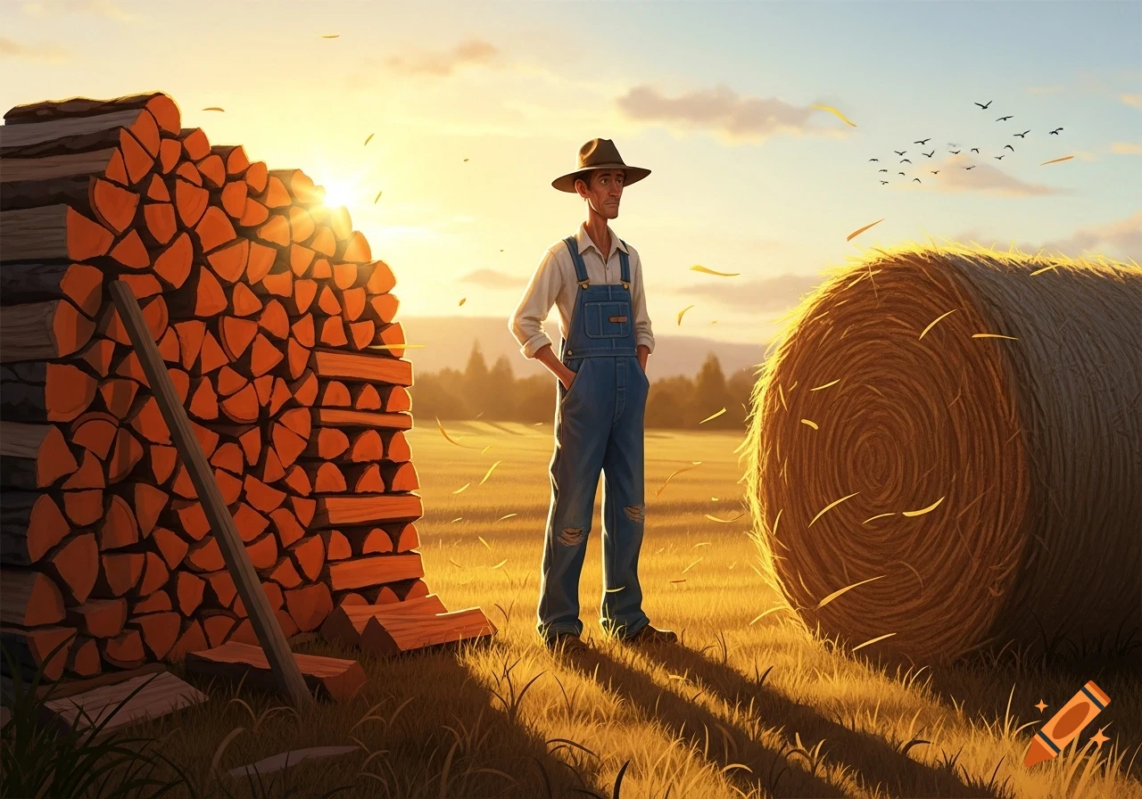 A skinny farmer in overalls and a hat stands between a large stack of firewood and a hay bale in a golden field at sunset.