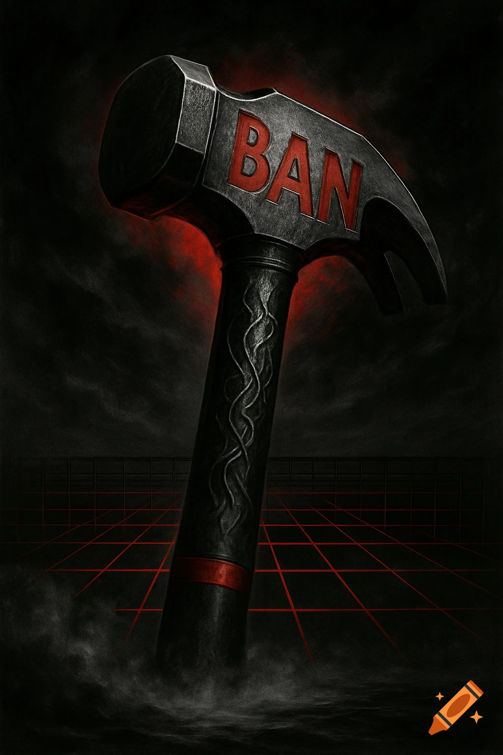 A stylized, dark image of a large hammer with the word 'BAN' etched in red on its head. It stands against a red grid on a black background.