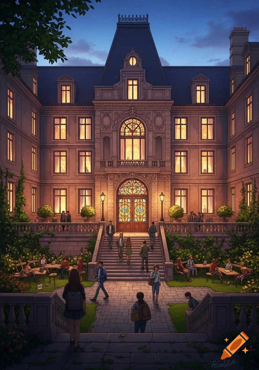 Illustrated view of a grand French Baroque college dorm at dusk with students walking and studying outside.