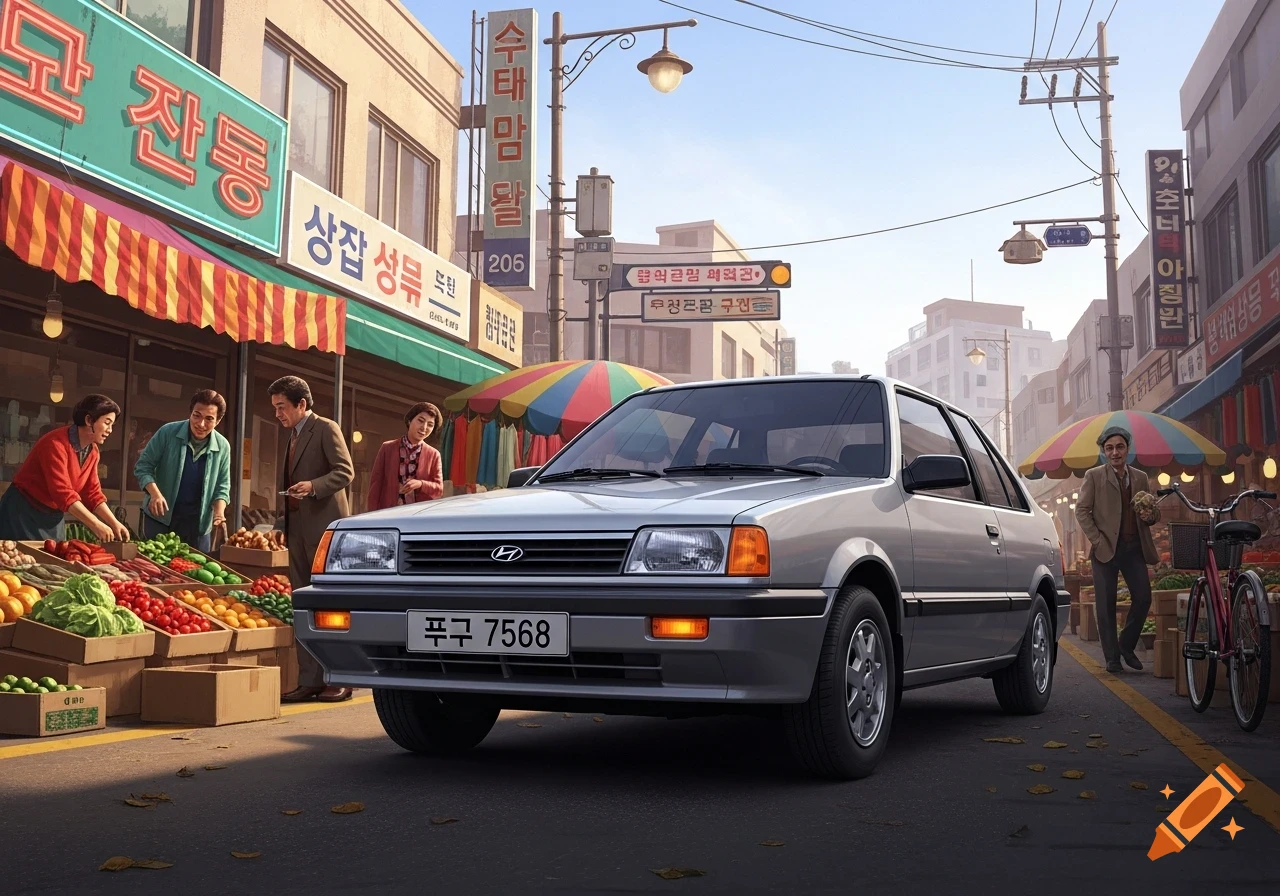 A silver 1985 Hyundai Accent parked on a street in a bustling South Korean market, with people browsing fruit and vegetable stalls.