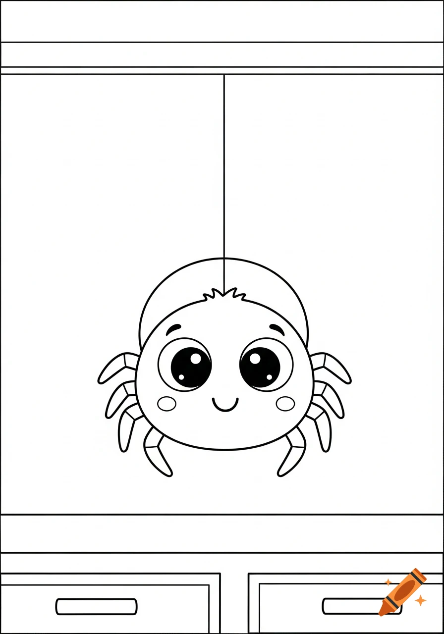 Cute, friendly cartoon spider hanging from a thread, smiling with big round eyes, in a black and white coloring book style.