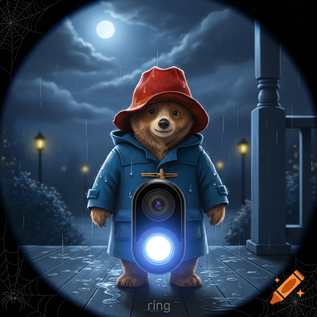 Paddington Bear in a blue coat and red hat holds a Ring doorbell camera on a rainy night, within a circular frame with spiderwebs.