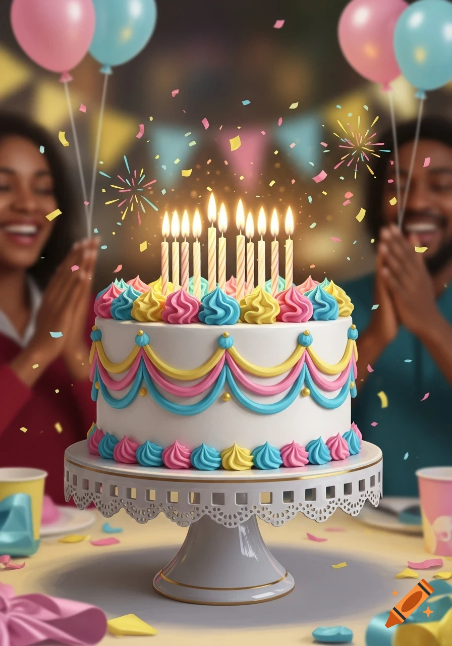 A close-up of a colorful birthday cake with lit candles, confetti, and blurred people celebrating in the background.