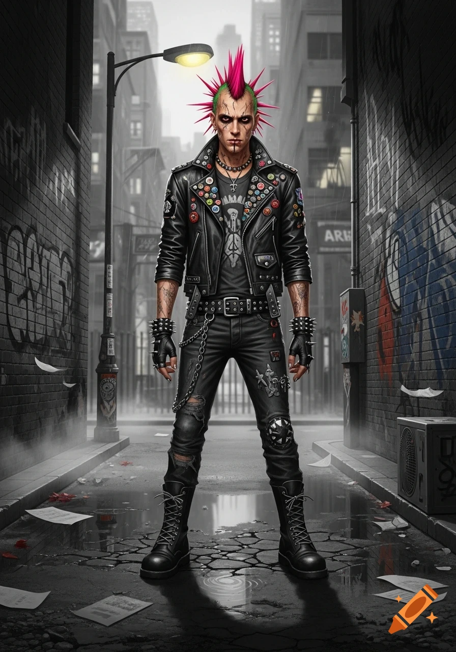 Punk rocker with pink and green mohawk, studded leather jacket, and torn jeans standing in a rainy, graffiti-filled alley.