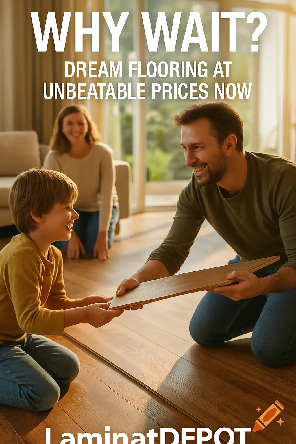 A smiling family, including a man, woman, and child, installing laminate flooring in a sunlit living room, with ad text.
