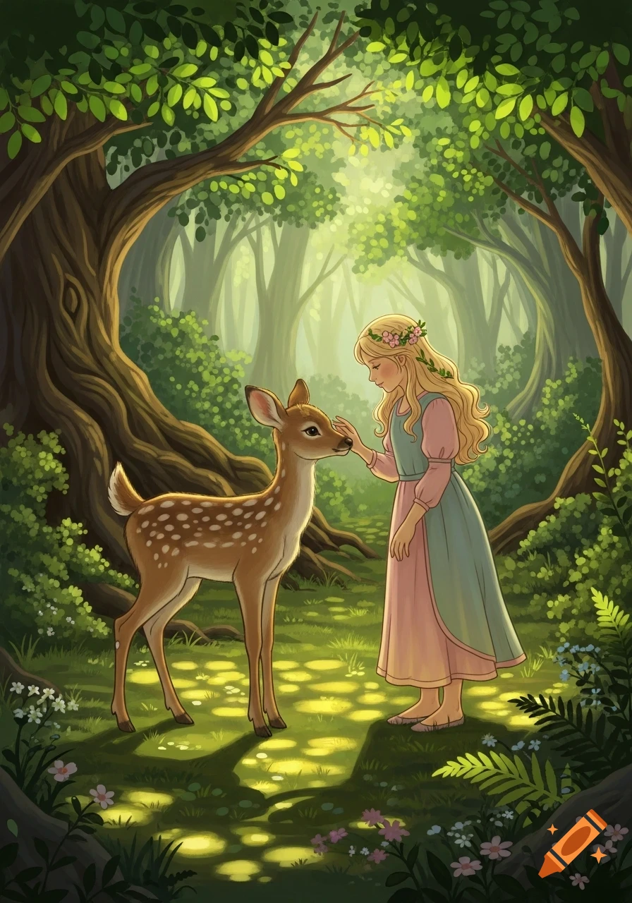 A young girl with blonde hair and a flower crown gently touches a fawn's head in a vibrant, sun-dappled fairytale forest.