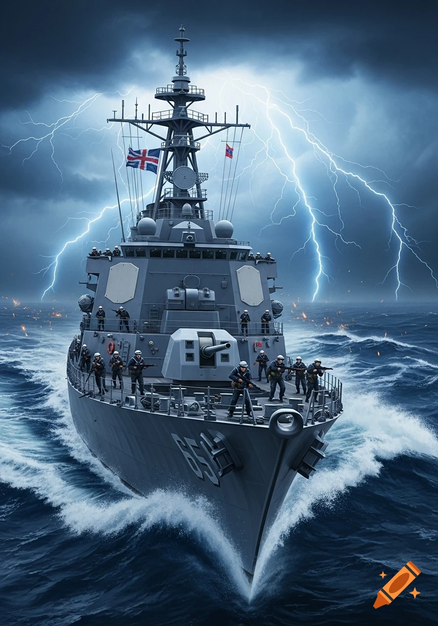 A powerful warship with soldiers on deck sails through a turbulent, stormy ocean under a sky filled with lightning.