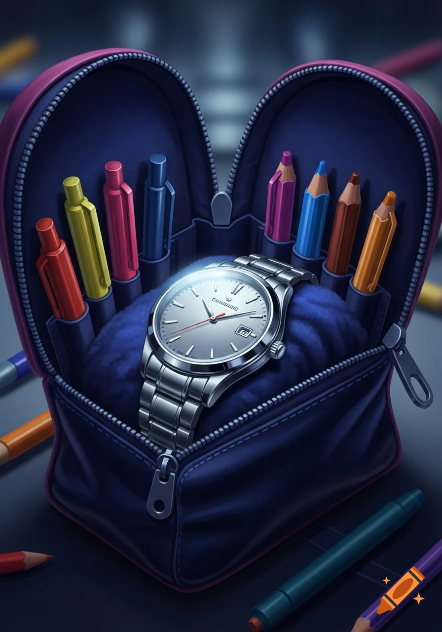 A silver watch rests on a blue cushion inside an open dark blue pencil case, surrounded by colorful pens and pencils.