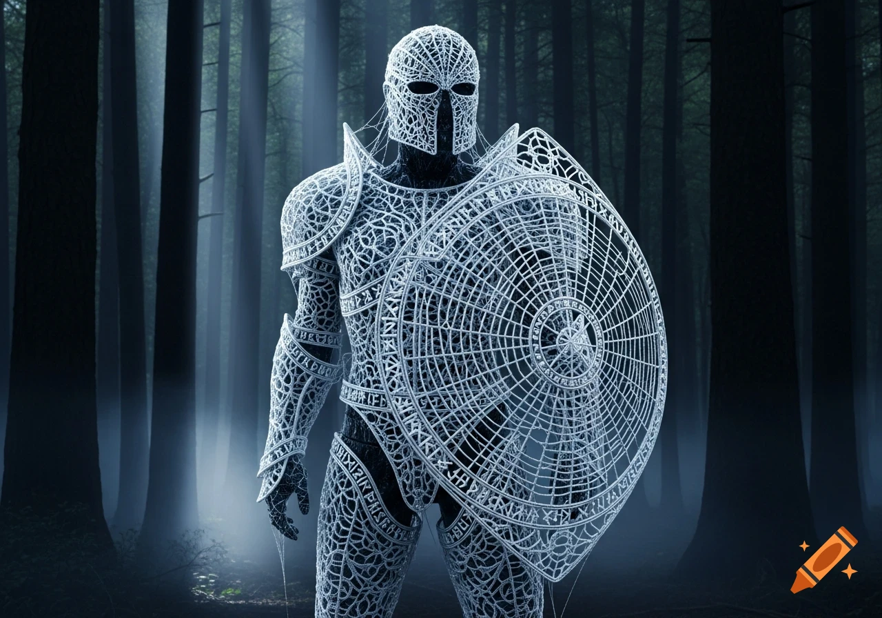 A knight in ornate spider web armor and shield stands in a misty, dark forest in a realistic style.