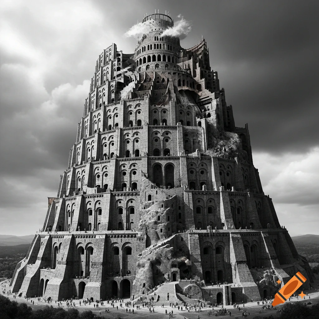 A realistic, monochrome view of the massive, spiraling Tower of Babel with intricate stone textures, reaching into dramatic clouds, with tiny human figures at its base.