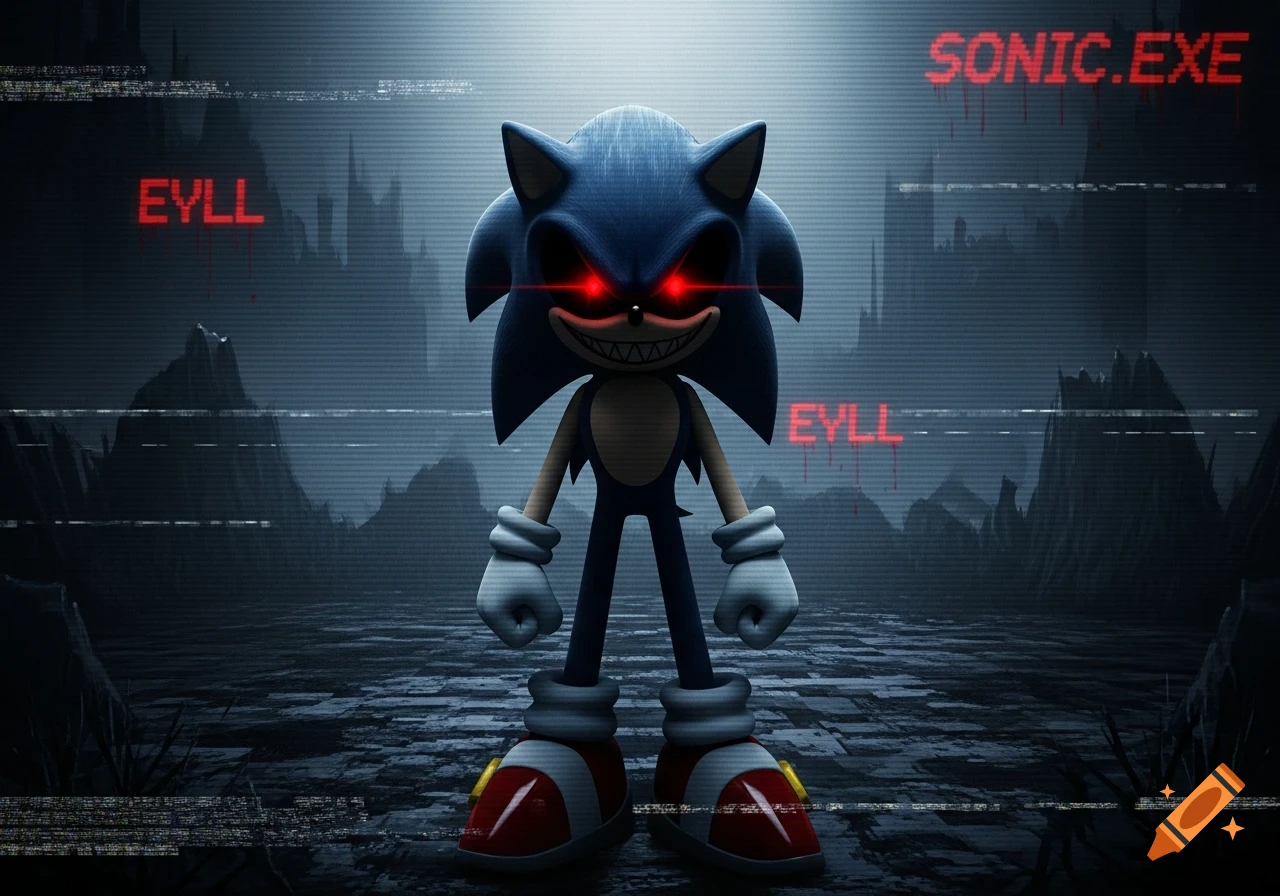 Creepy Sonic.exe with glowing red eyes and sharp teeth stands in a dark, glitchy landscape with text "SONIC.EXE" and "EYLL".