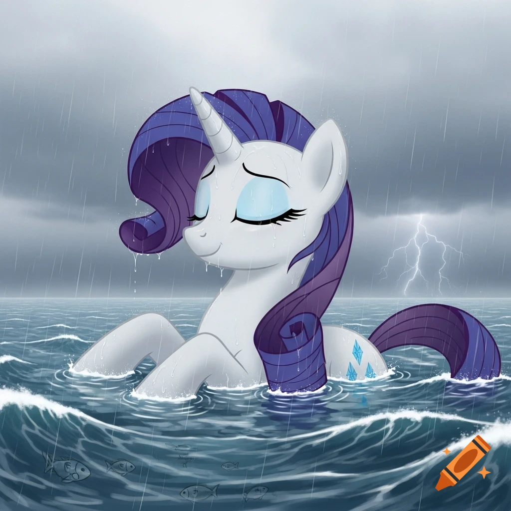 Rarity from My Little Pony, a white unicorn with purple mane and tail, sits happily in a stormy ocean under pouring rain and lightning.