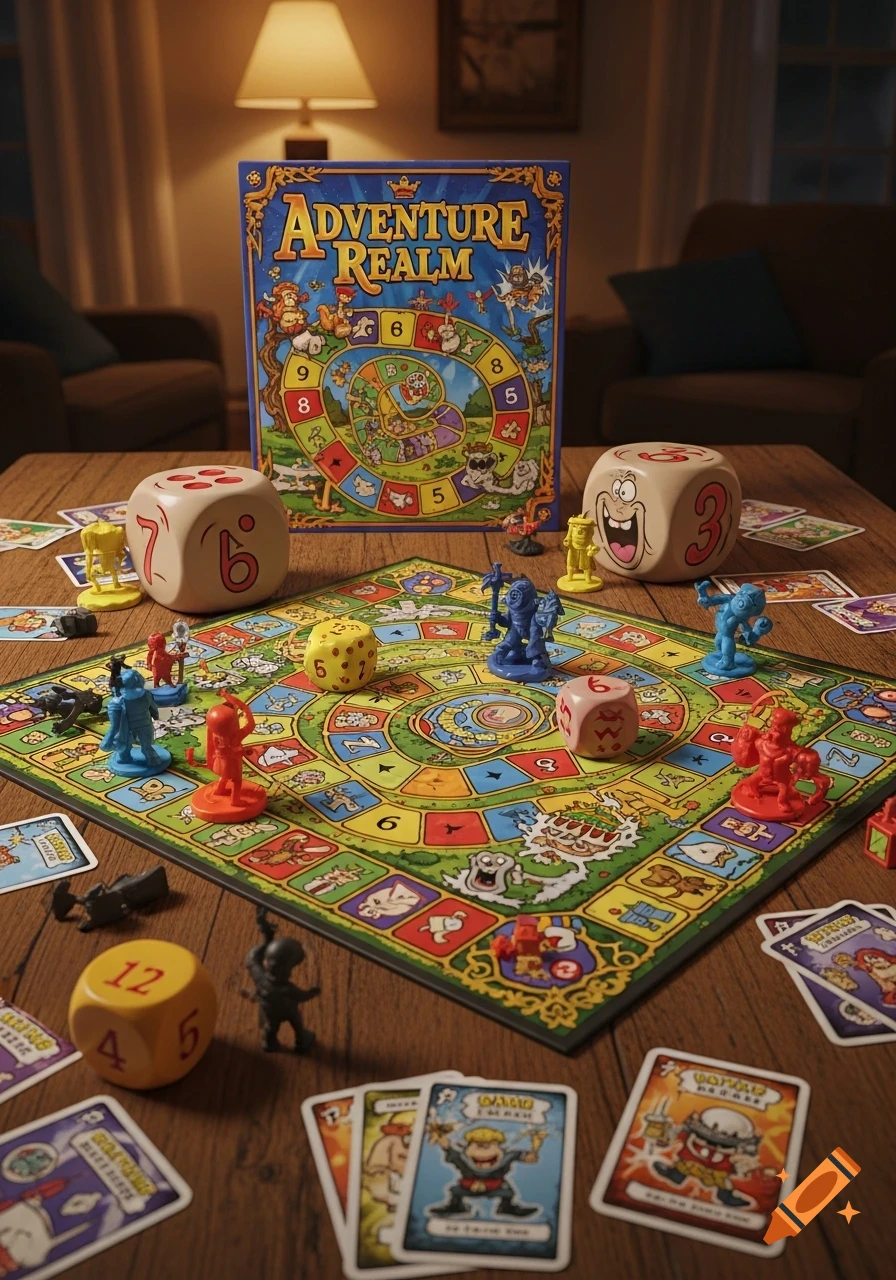 A colorful fantasy-themed board game called "Adventure Realm" laid out on a wooden table with game pieces, cards, and dice, under a warm lamp light.