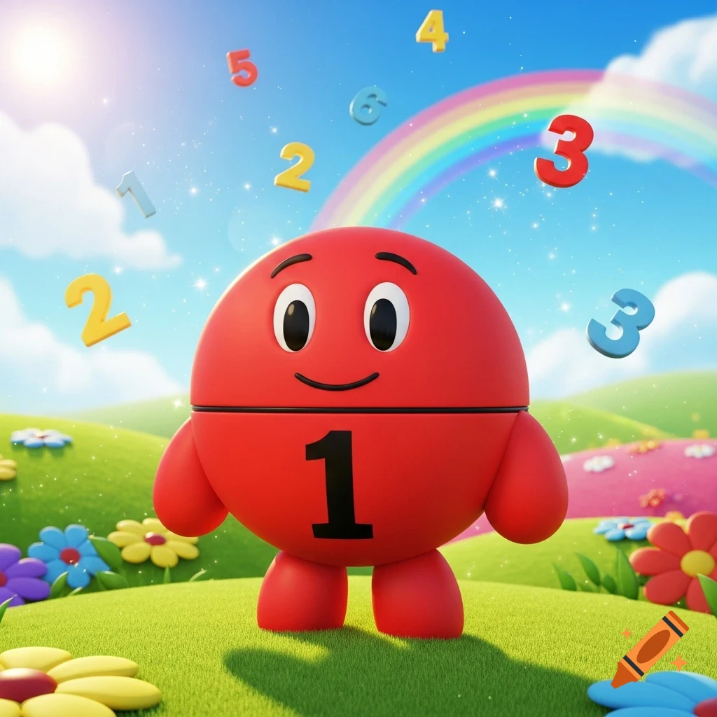 A friendly red spherical character with the number 1 stands in a vibrant green field with a rainbow and floating numbers.