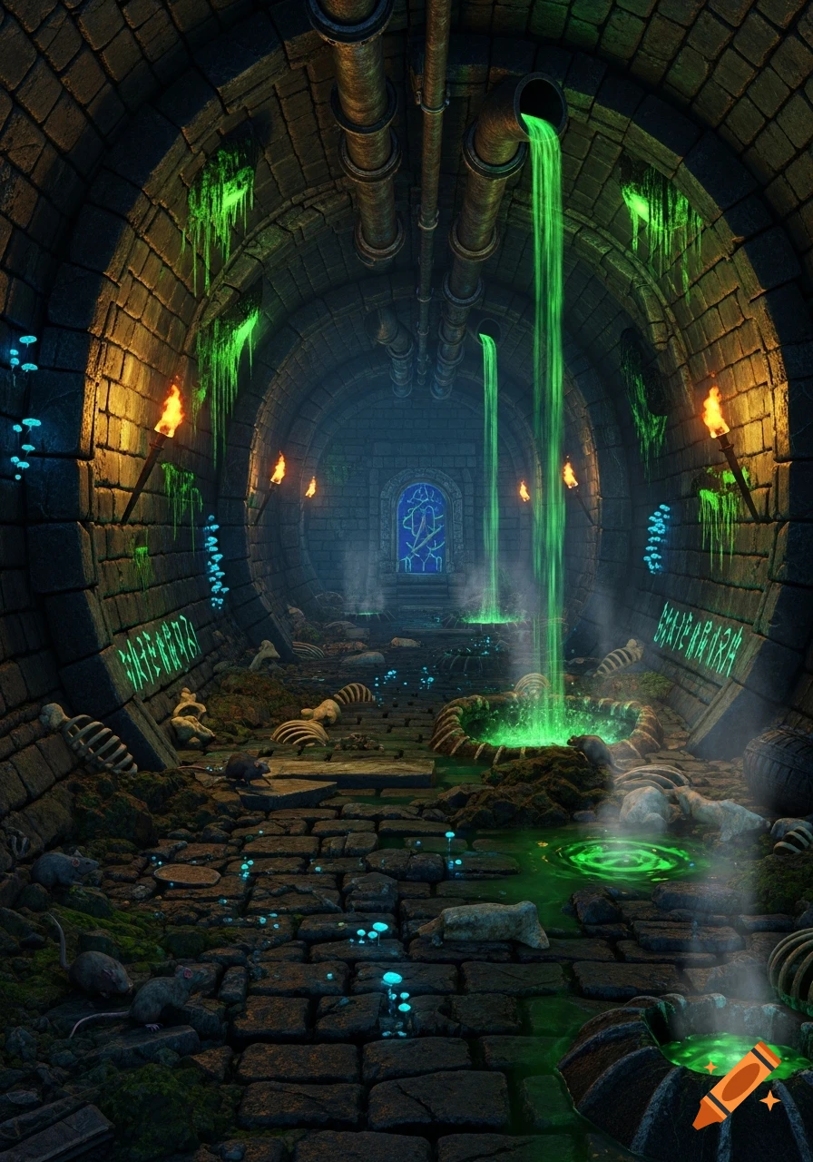 A dark fantasy dungeon sewer with green glowing liquid flowing from pipes, bones, rats, and glowing runes on the stone walls.
